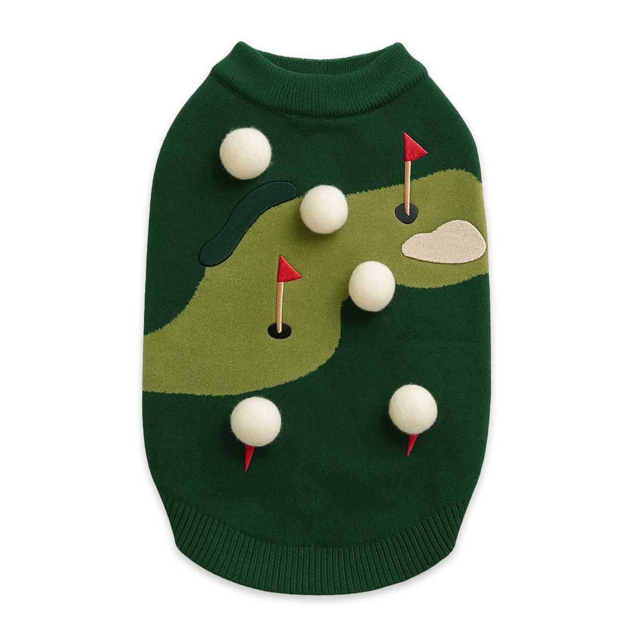 Dog sweater with golf course design on a white background
