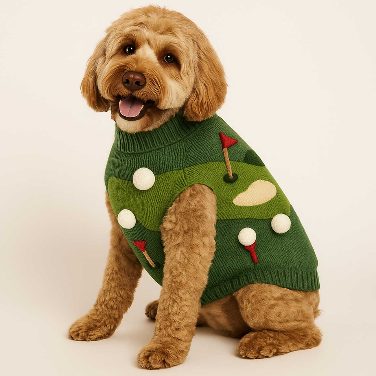 Dog wearing a green sweater with golf-themed design on a white background