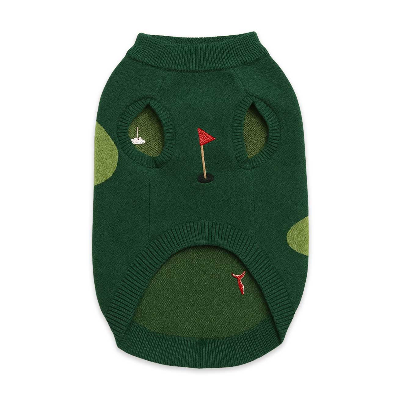 Green dog sweater with golf course design on a white background