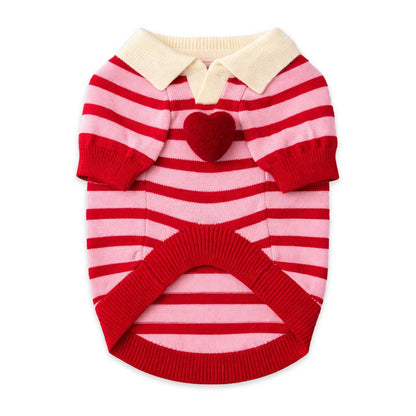 Red and pink striped dog sweater with a heart on a white background
