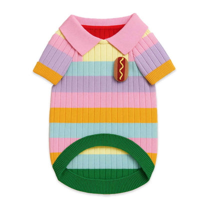 Colorful striped dog sweater with a hot dog button on a white background
