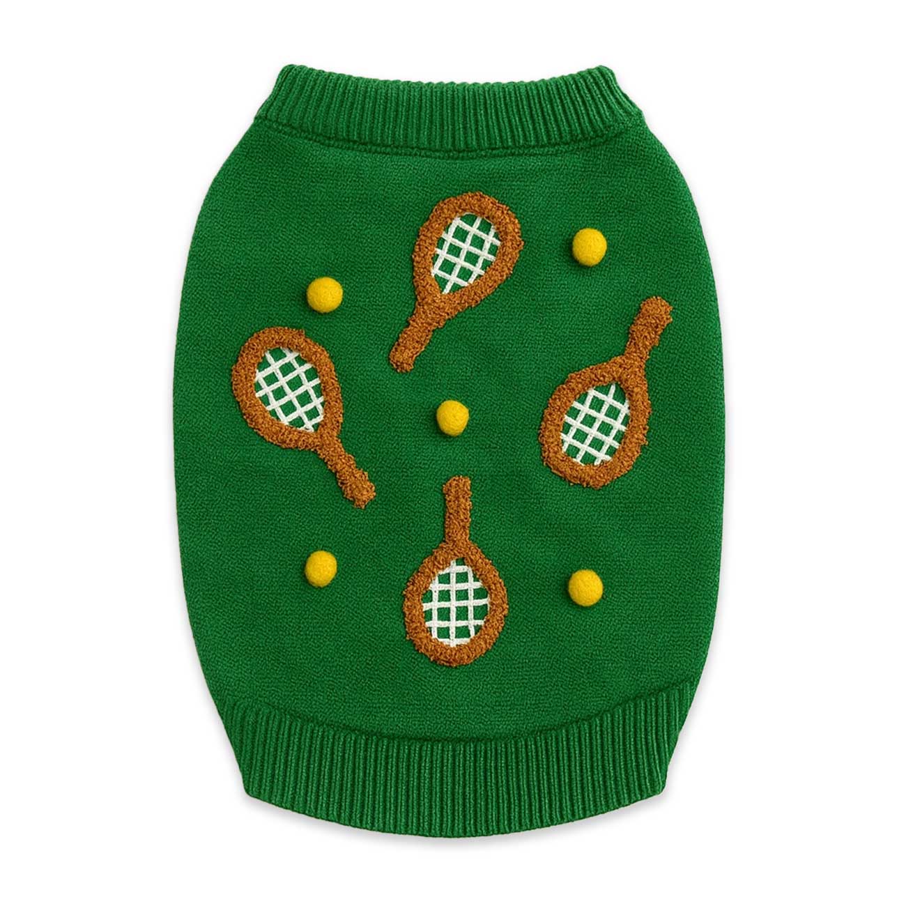 Green dog sweater with tennis racket and ball designs on a white background