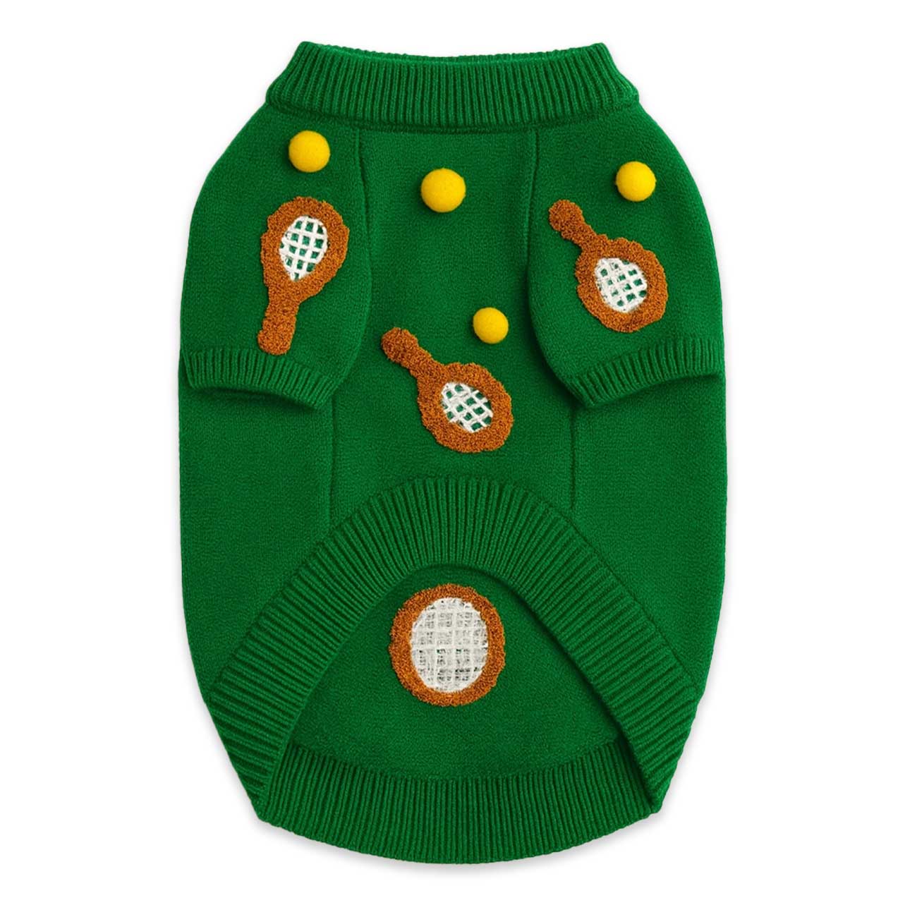 Green dog sweater with tennis racket and ball designs on a white background