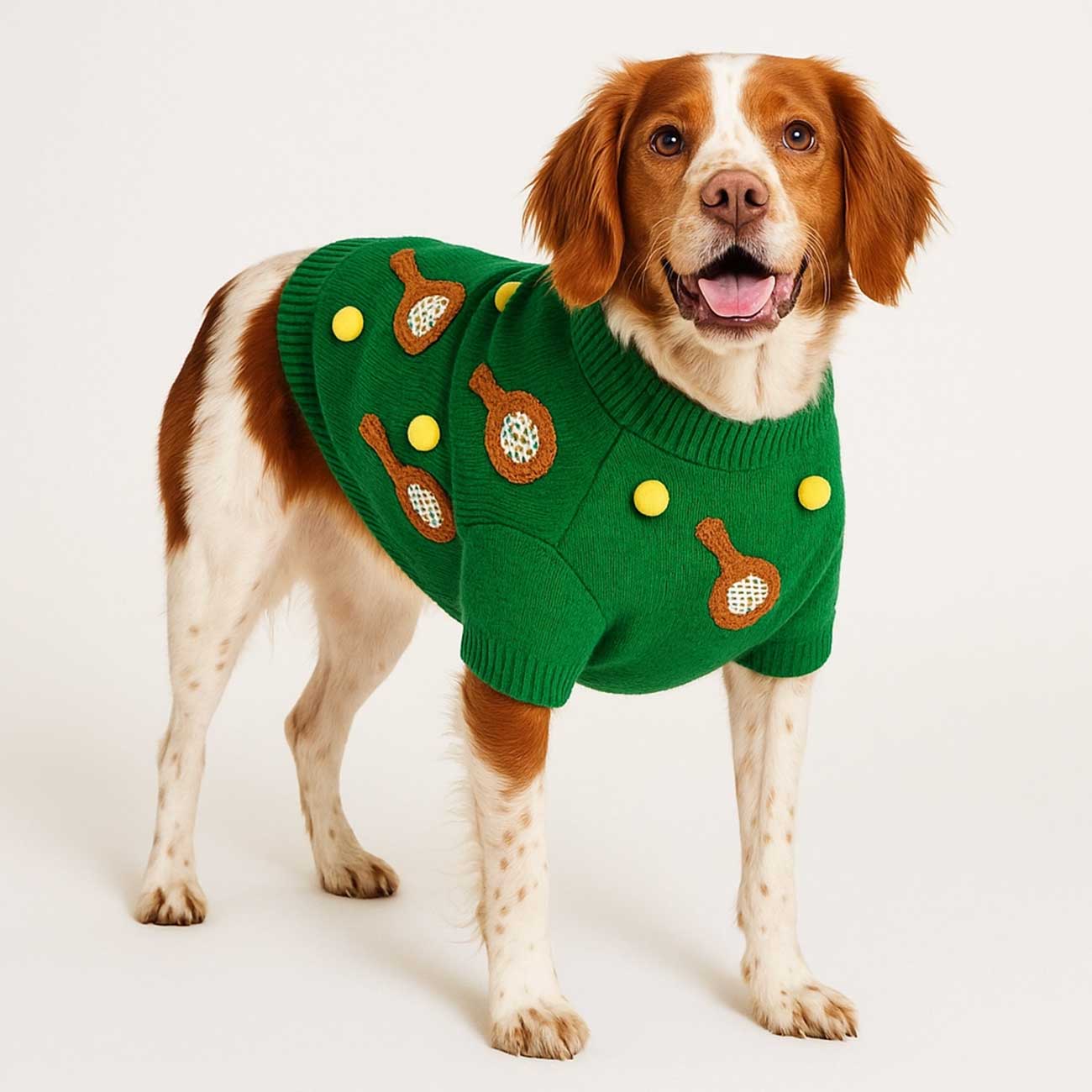 Dog wearing a green sweater with brown and yellow accents on a white background