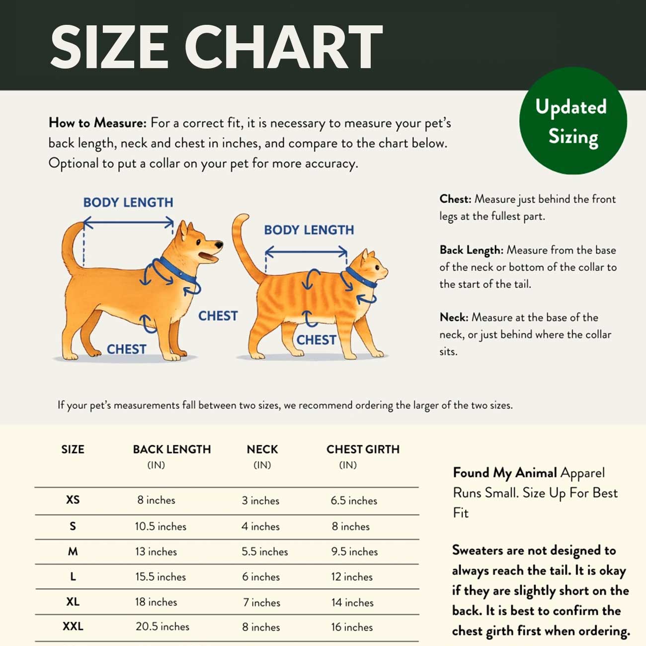 Dog size chart for measuring pets with illustrations of two dogs and text instructions.