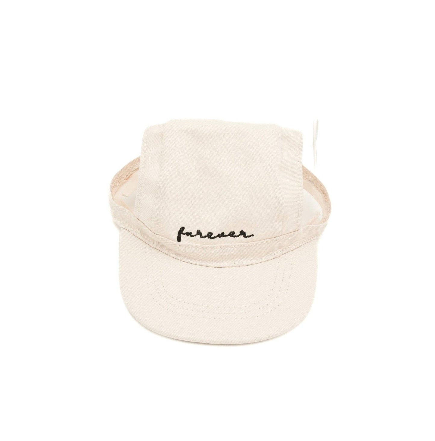 Beige visor with 'furever' text on a white background