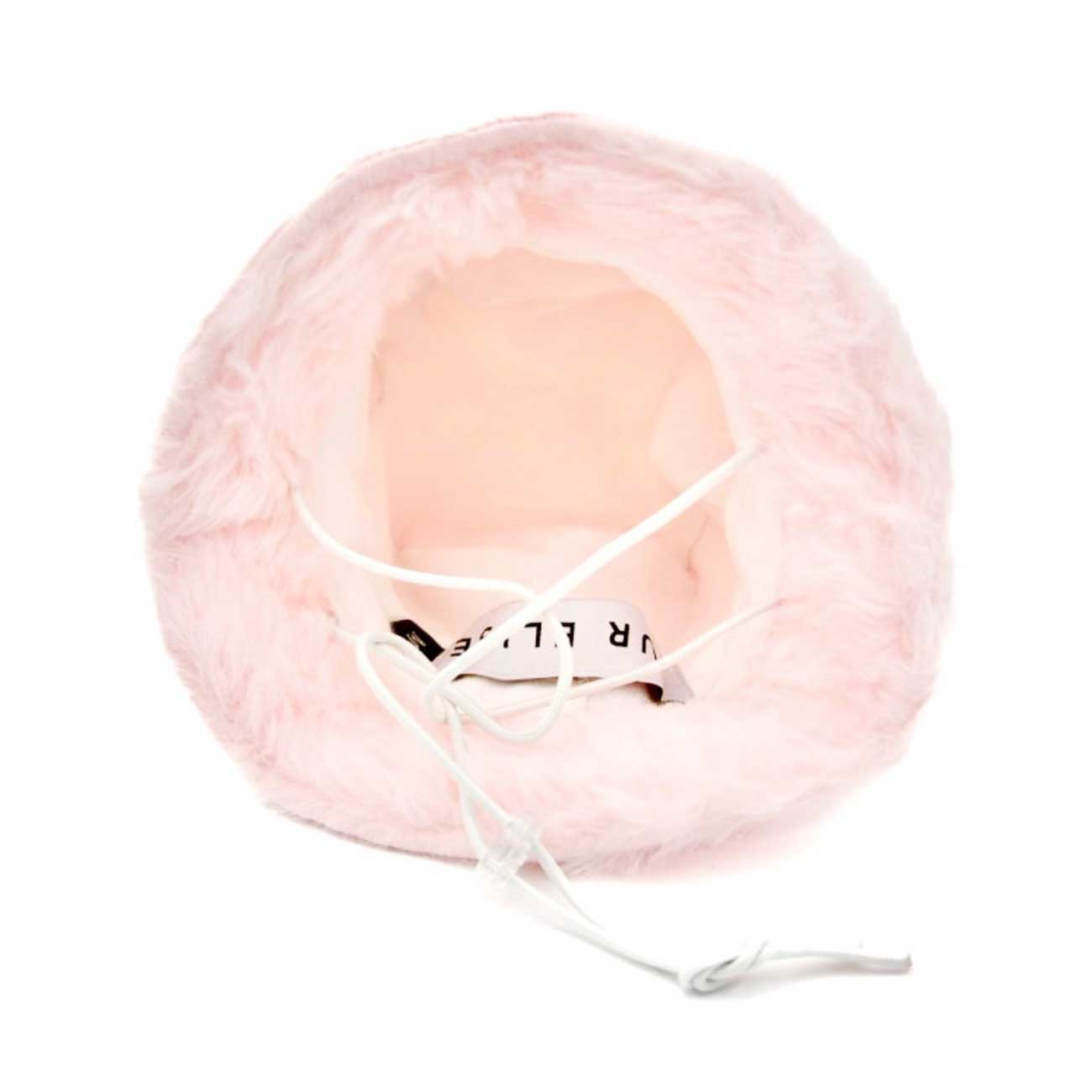 Pink fluffy dog bucket hat with white string on a white background