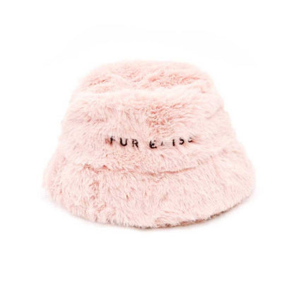 Pink fluffy dog bucket hat with text on a white background