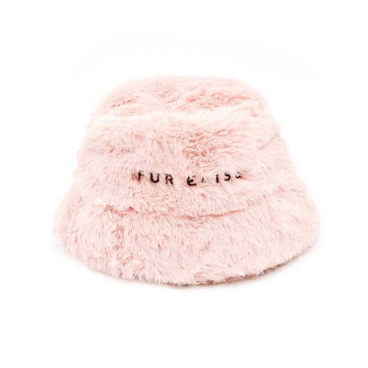 Pink fluffy dog bucket hat with text on a white background