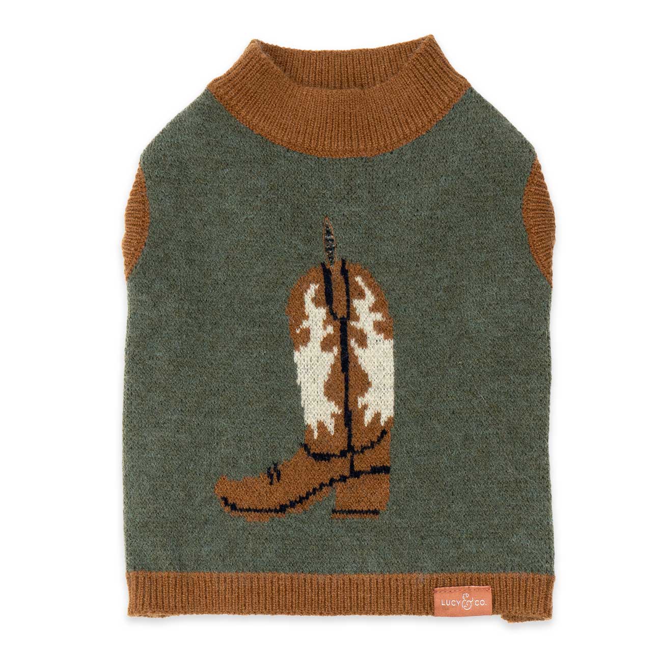 Dog sweater with cowboy boot design on a white background