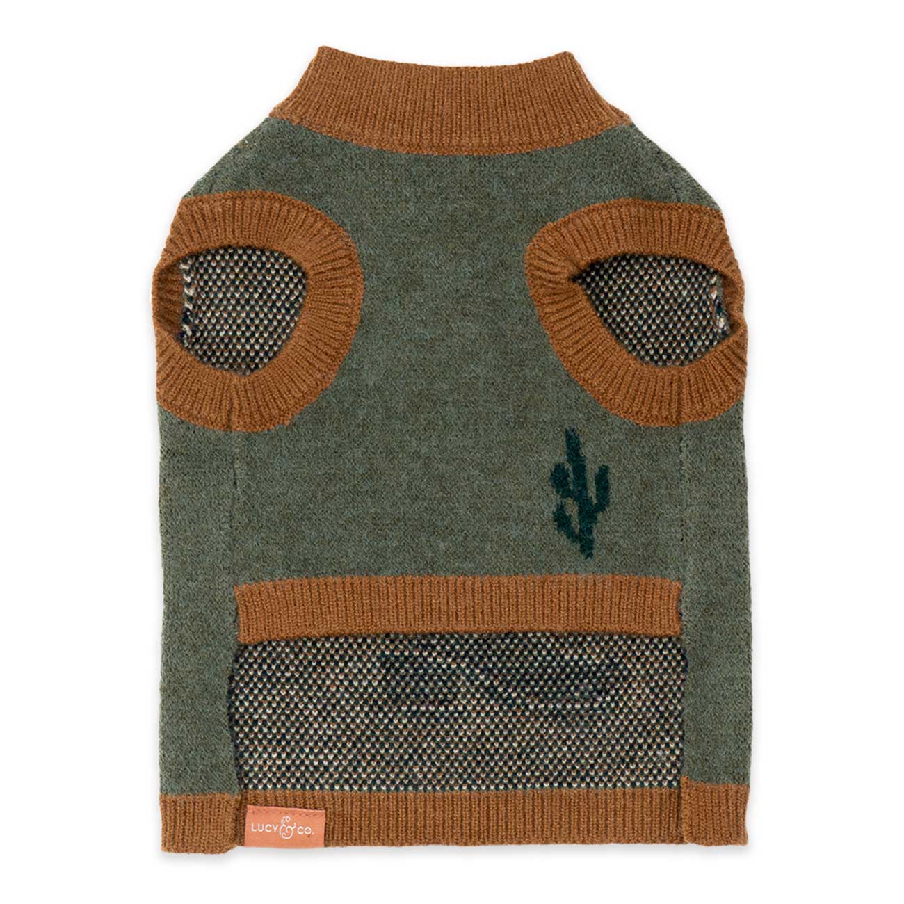 Dog sweater with brown accents and cactus design on a white background