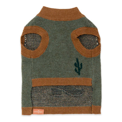 Dog sweater with brown accents and cactus design on a white background