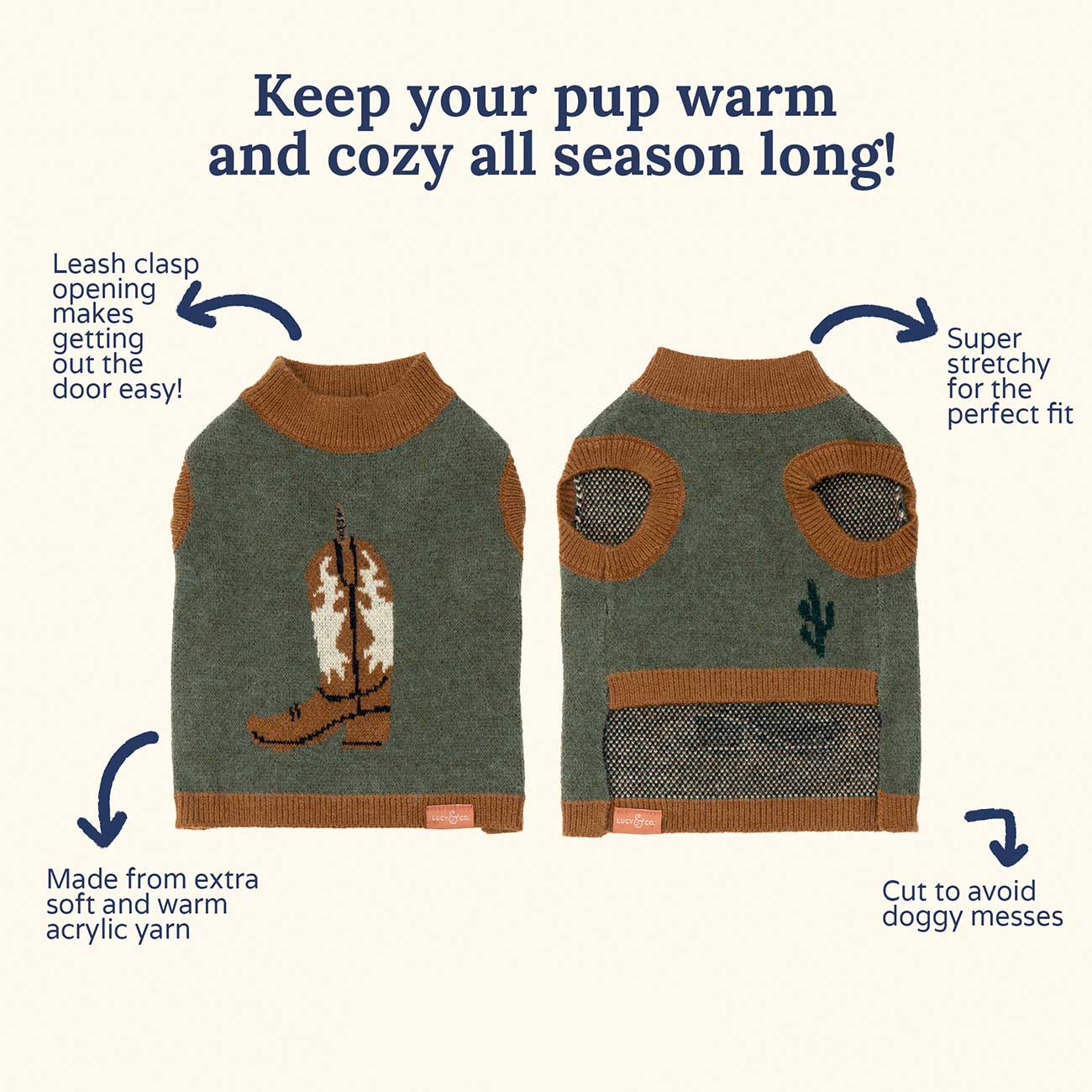 Two dog sweaters with cowboy boot design on a white background, featuring text about warmth and comfort.