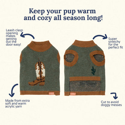 Two dog sweaters with cowboy boot design on a white background, featuring text about warmth and comfort.