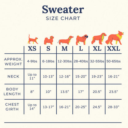 Dog sweater size chart with illustrations of dogs in various sizes
