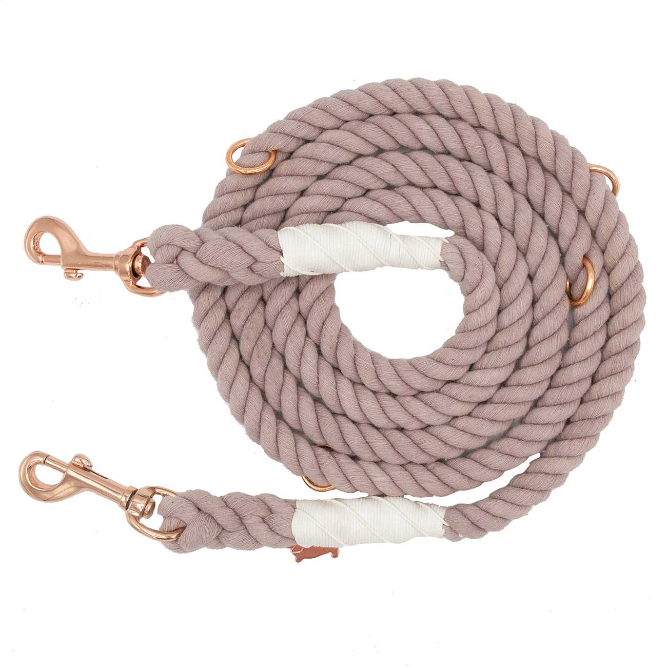 Light brown dog leash with rose gold clips on a white background