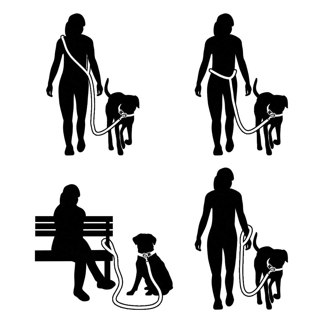 Silhouettes of people walking and sitting with dogs on leashes.