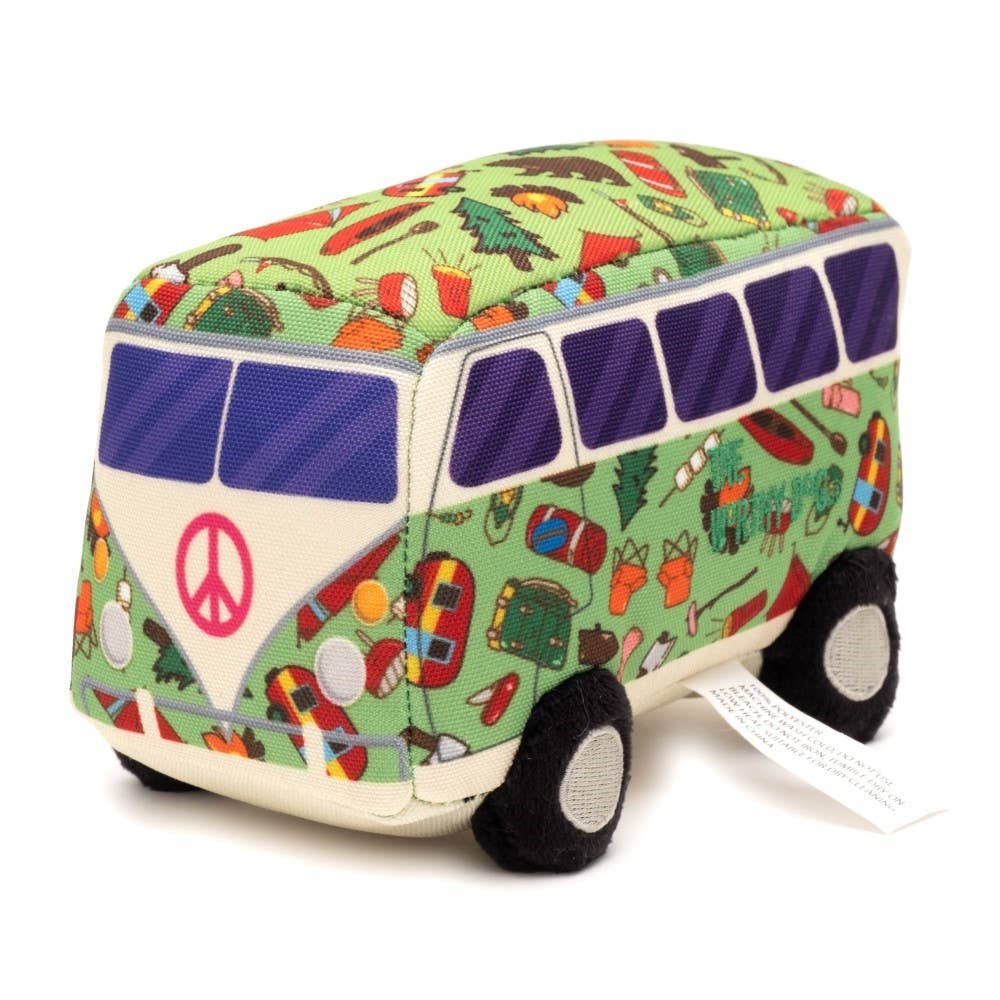 Dog toy bus with a colorful pattern on a white background