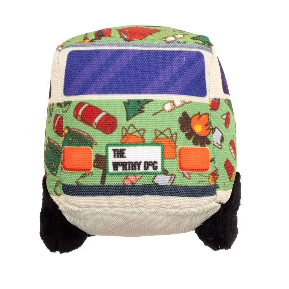 Dog toy van with a colorful design and 'The Worthy Dog' label on a white background