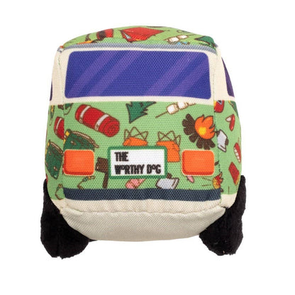 Dog toy van with a colorful design and 'The Worthy Dog' label on a white background