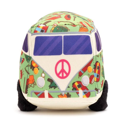 Plush Dog toy van with peace symbol and colorful patterns on a white background