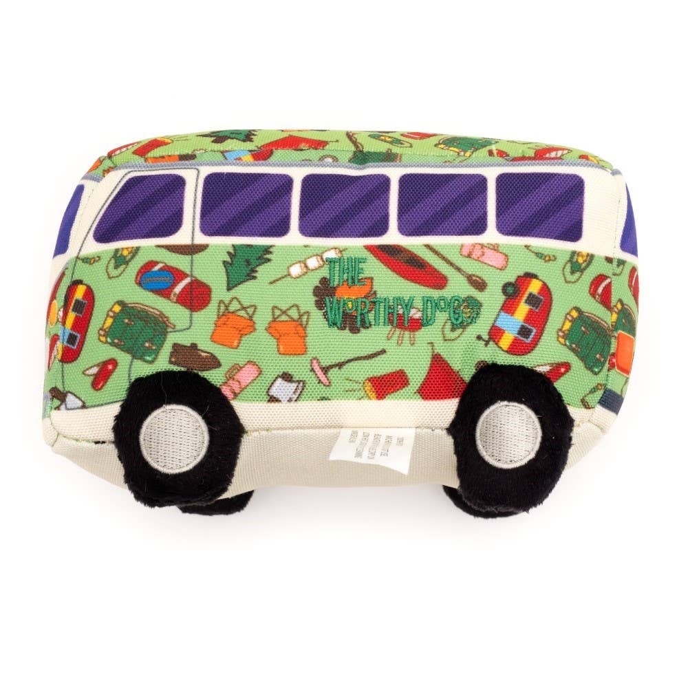 Dog toy bus with colorful patterns on a white background