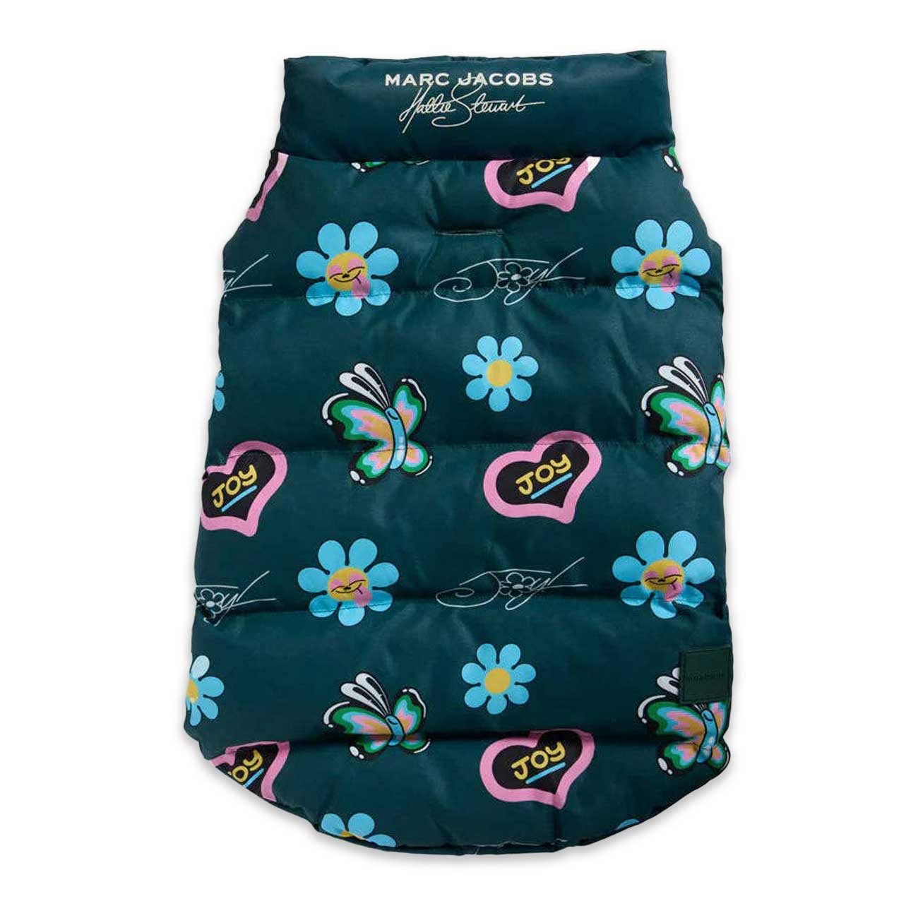 Puffer dog vest with floral and butterfly patterns on a white background