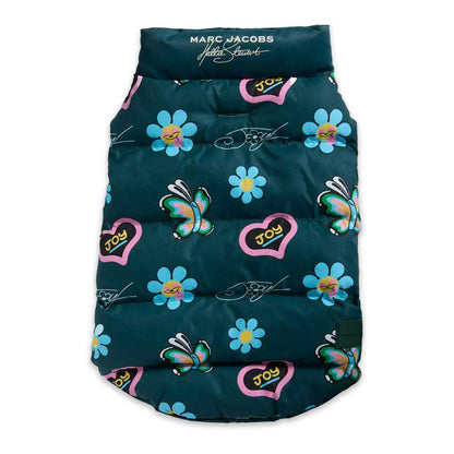 Puffer dog vest with floral and butterfly patterns on a white background