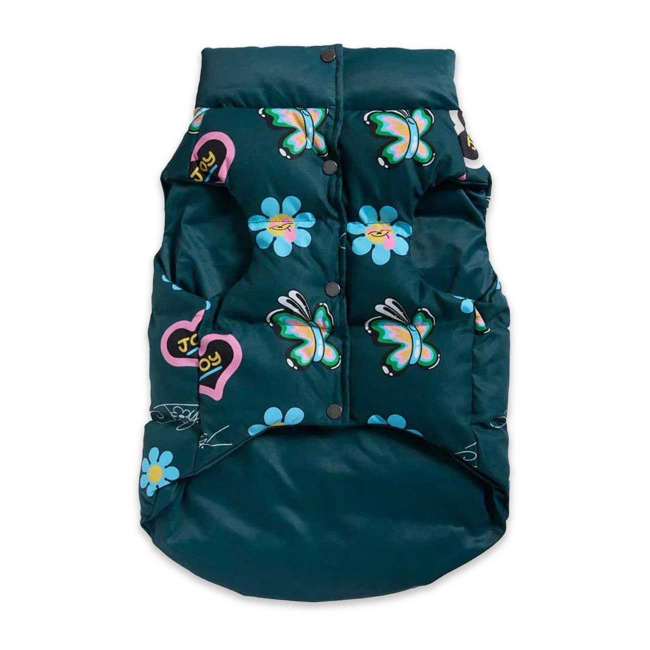 Dark green puffer dog vest with colorful butterfly and flower patterns on a white background