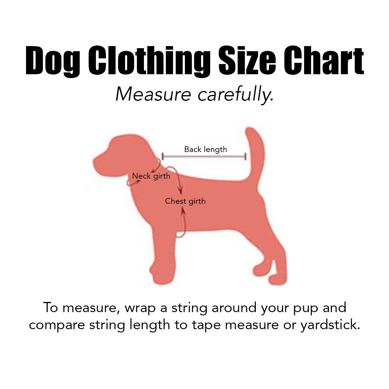 Dog clothing size chart with measurements on a white background