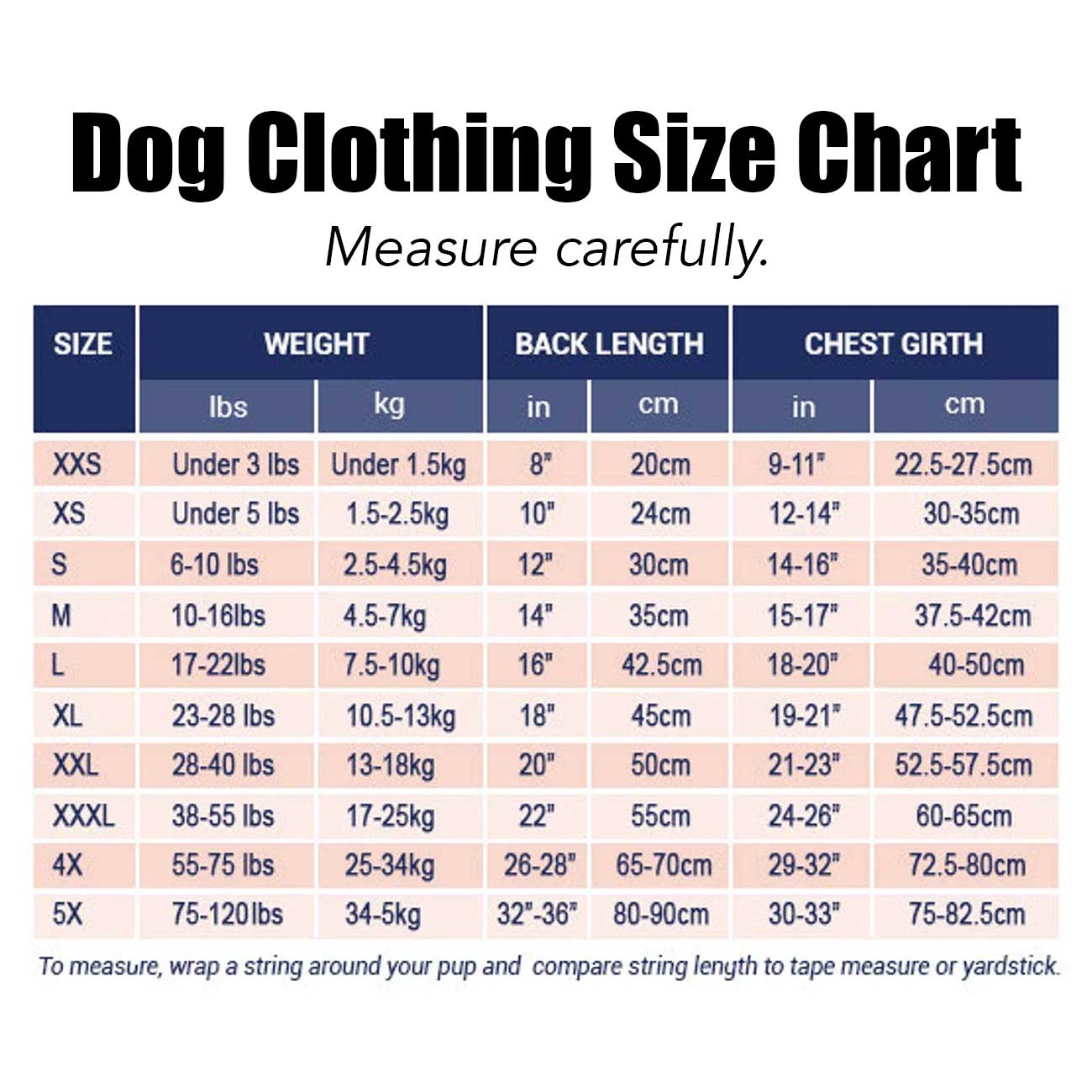 Dog clothing size chart with measurements for various sizes.
