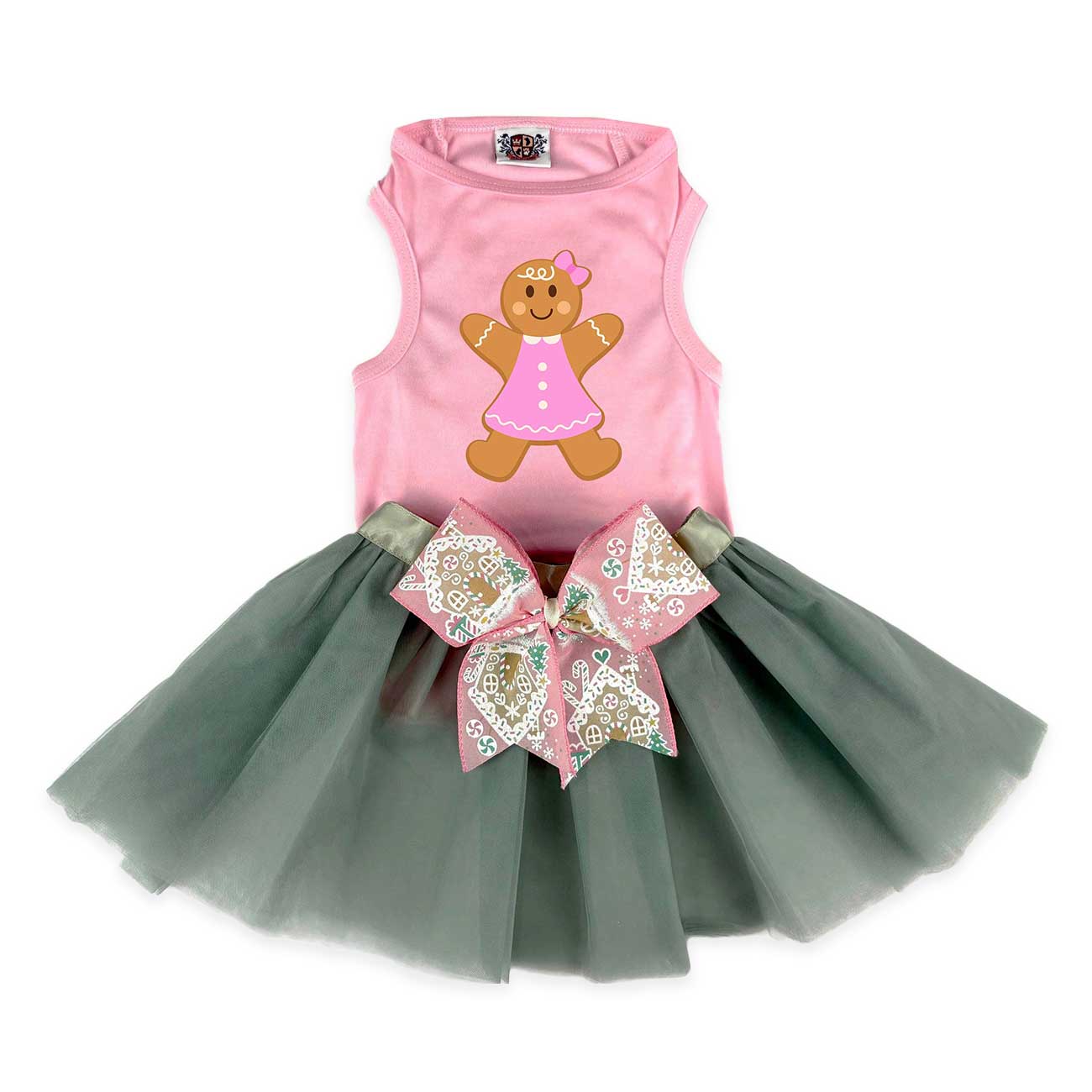Pink top with gingerbread girl design and gray skirt with decorative bow on a white background