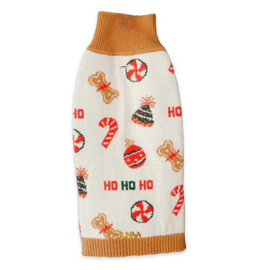 Dog sweater with Christmas-themed patterns and 'HO HO HO' text on a white background