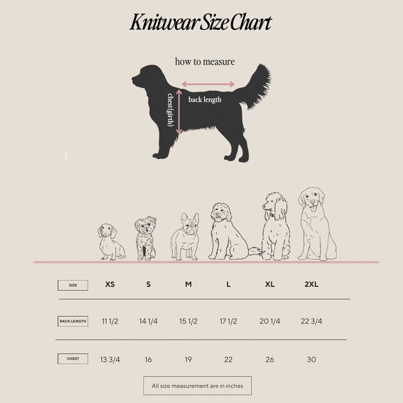 Knitwear size chart for dogs with measurements and illustrations of different dog sizes.