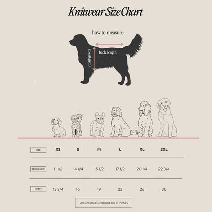 Knitwear size chart for dogs with measurements and illustrations of different dog sizes.