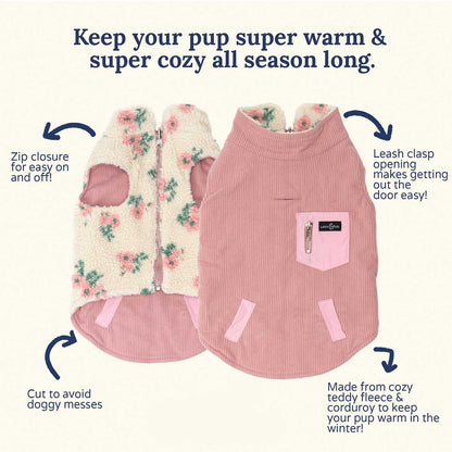Two dog coats with floral and pink designs, featuring text describing features and benefits.