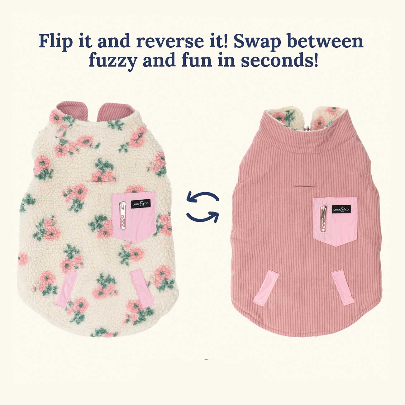 Two reversible dog coats, one floral and one pink striped, with text indicating they can be flipped and swapped.