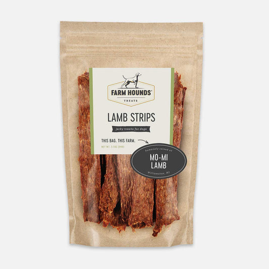 Package of Farm Hounds Lamb Strips on a white background