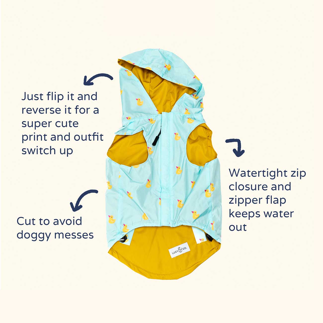 Pet raincoat with duck pattern on a white background
