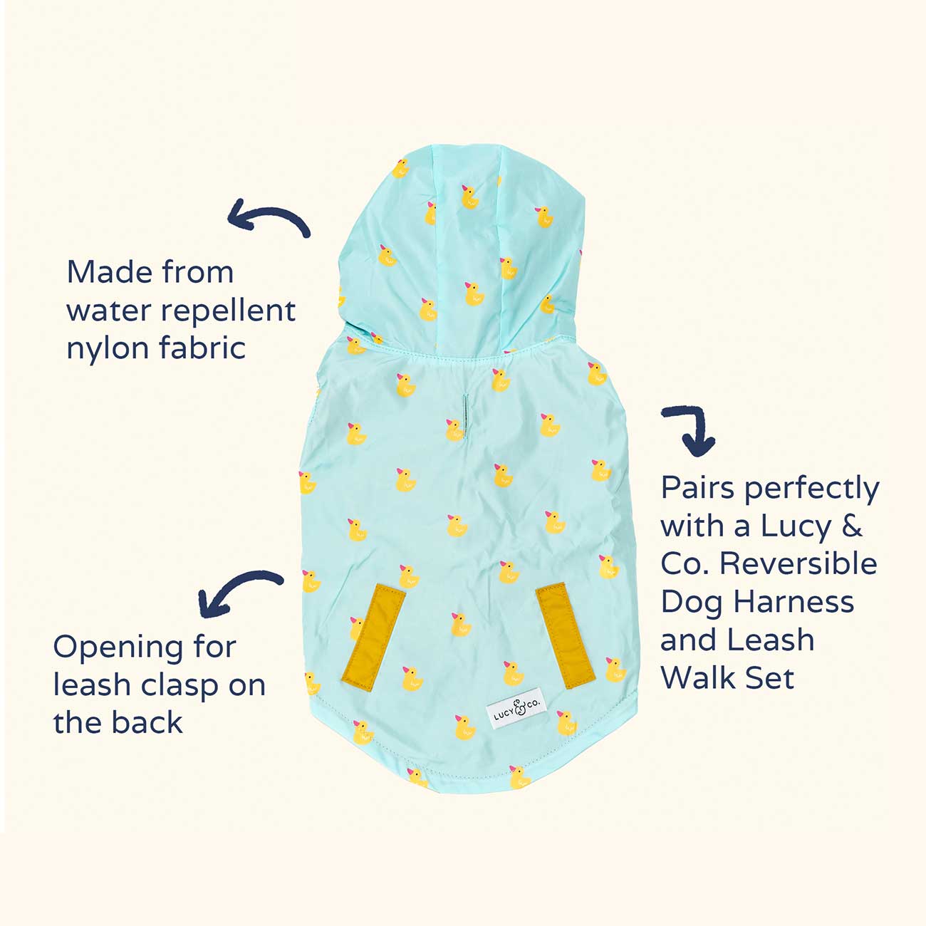 Dog coat with duck pattern on a white background