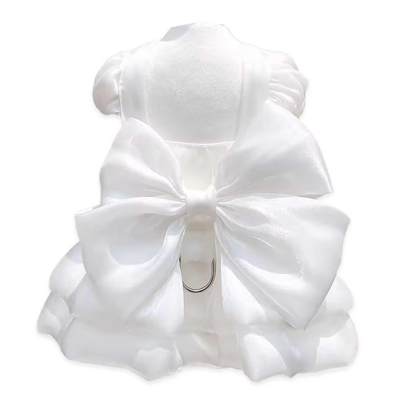 White dog dress with a large bow on a white background