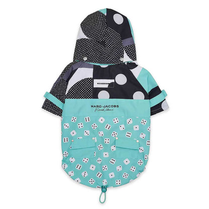 Pet coat with dice pattern and Marc Jacobs branding on a white background