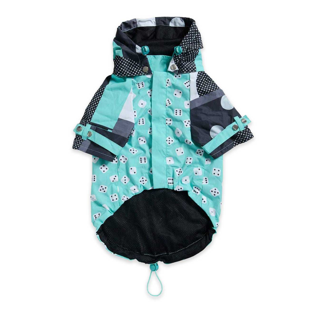 Pet raincoat with dice pattern on a white background
