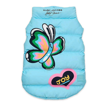 Light blue puffer dog vest with butterfly design and 'Marc Jacobs' branding on a white background