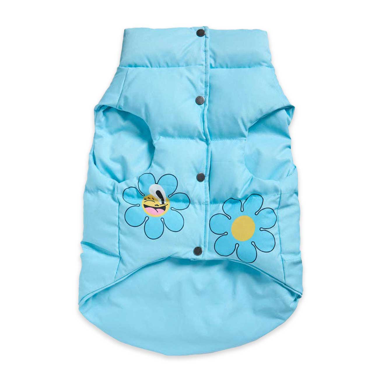Light blue puffer dog vest with floral designs on a white background
