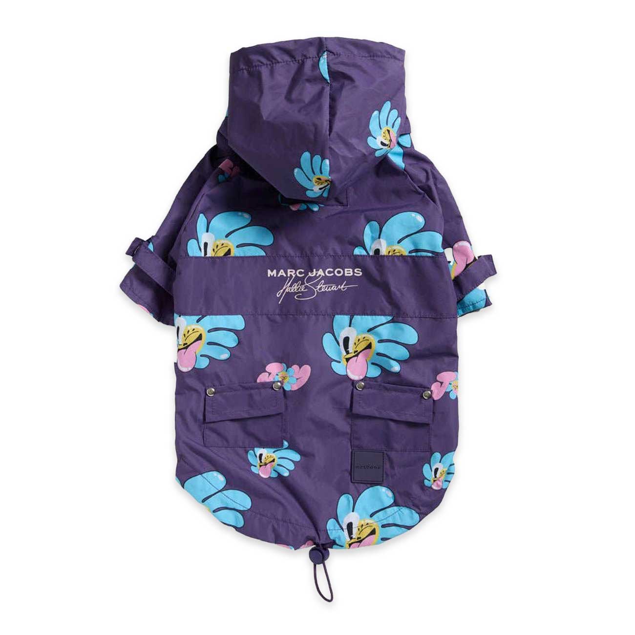 Purple dog coat with cartoon character pattern on a white background