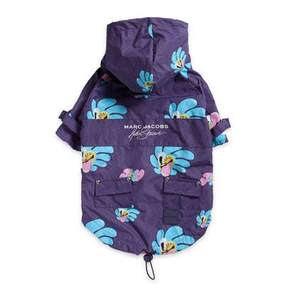 Purple dog coat with cartoon character pattern on a white background