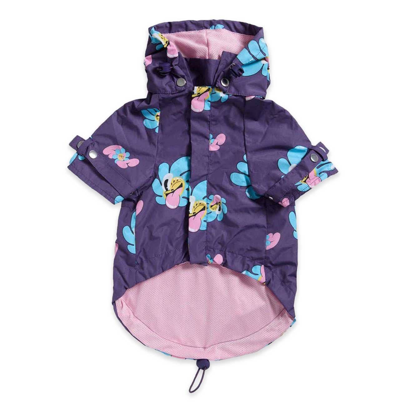 Dog's purple raincoat with colorful floral patterns on a white background