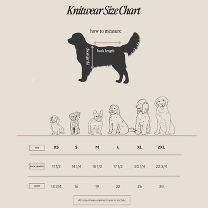 Knitwear size chart for dogs with illustrations and measurements.