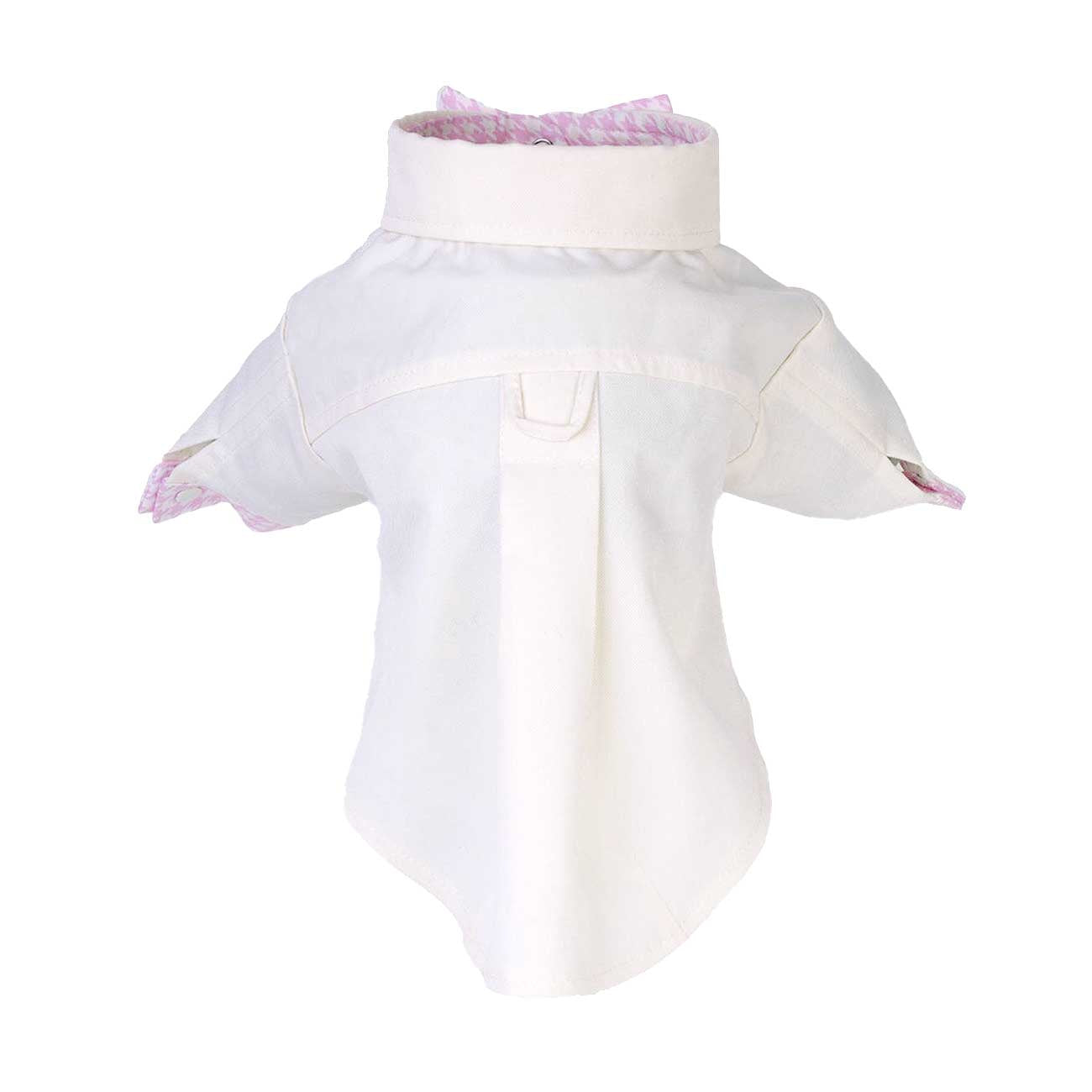 White dog shirt with pink trim on a white background